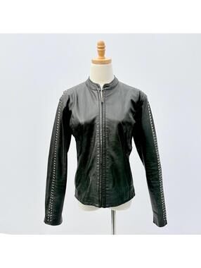 Vintage Black Leather Silver Studded Sleeve Collarless Motorcycle Jacket Small